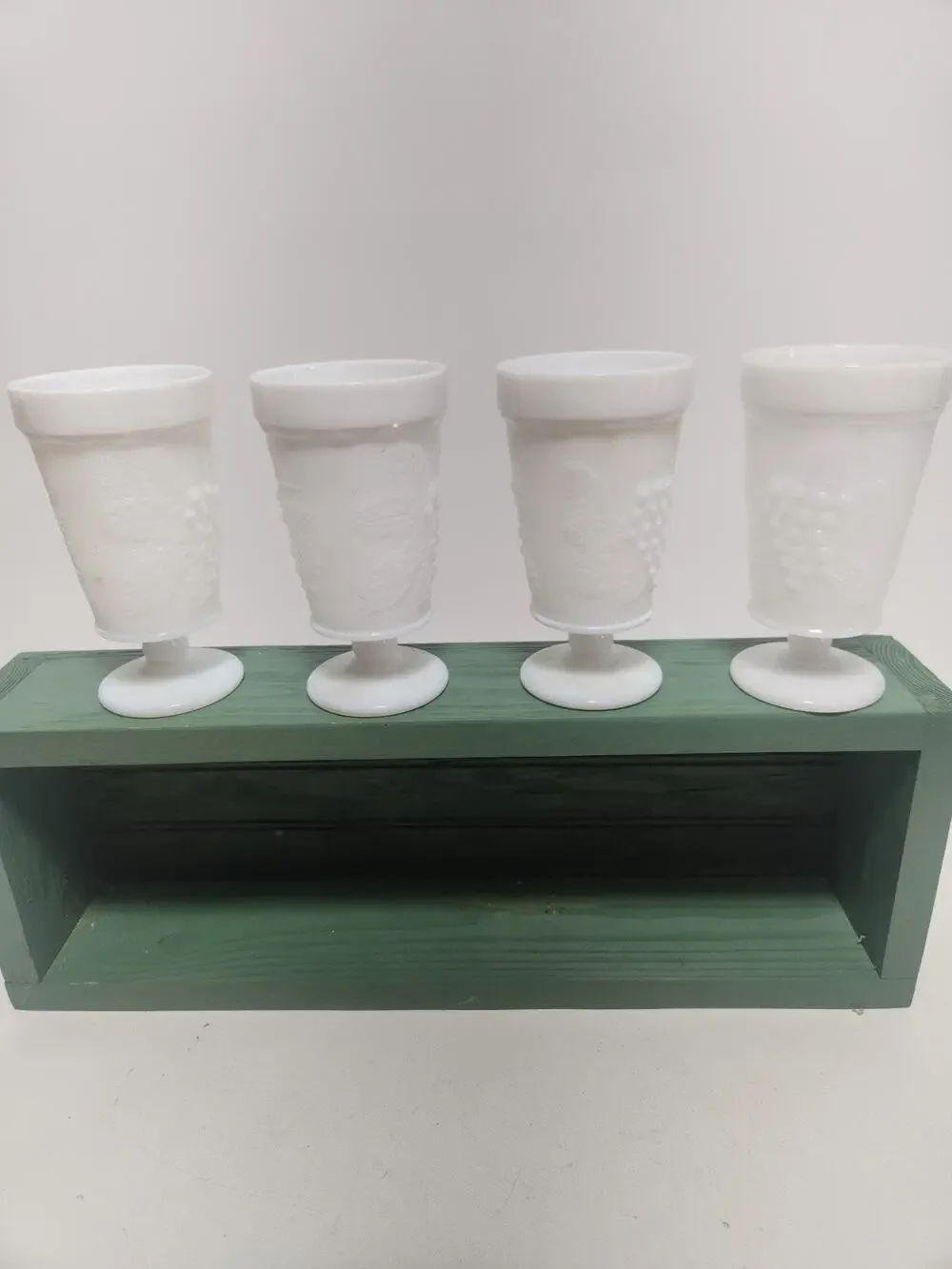 Vintage Set of 4 White Milk Glass Grape Pattern Pedestal Goblets Harvest Wine